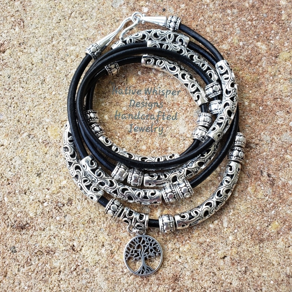 Leather wrap bracelet with Tree of Life charm